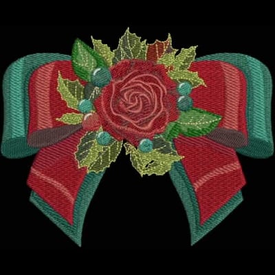 An embroidery design of a beautifully arranged red rose with green leaves and berries, adorned with a wide, festive ribbon.