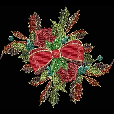 An embroidery design of a festive arrangement featuring a vibrant red bow surrounded by holly leaves and berries.