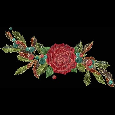 An embroidery design of a vibrant red rose surrounded by green holly leaves and colorful berries.
