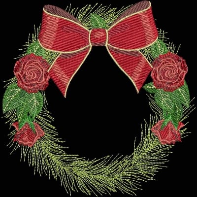 An embroidery design of a decorative wreath adorned with red roses and a large red bow.