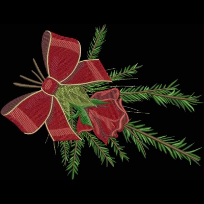 An embroidery design of a beautiful red rose accompanied by a vibrant red bow and evergreen foliage.