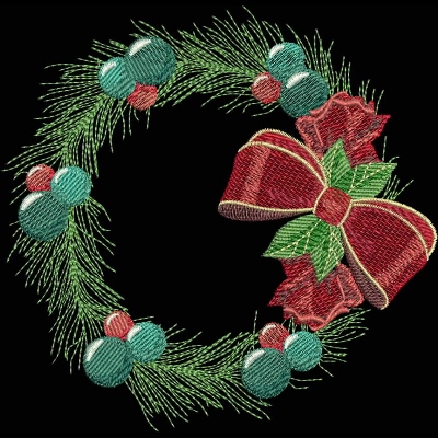 An embroidery design of a festive wreath adorned with vibrant red bows, green leaves, and colorful berries.