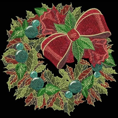 An embroidery design of a festive holiday wreath adorned with vibrant red and green leaves, blue berries, and a large red bow.