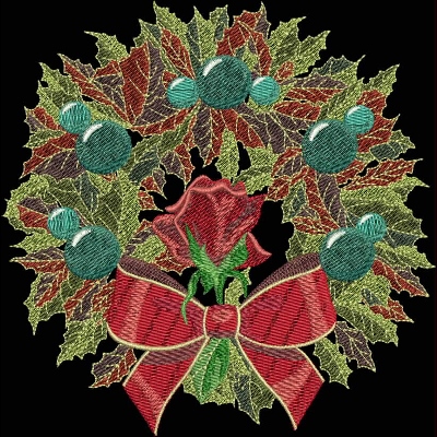 An embroidery design of a festive wreath adorned with vibrant leaves, decorative blue ornaments, a central rose, and a large red bow.