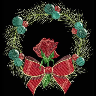 An embroidery design of a decorative wreath featuring a red rose and a large red bow, accented with turquoise and pink ornaments.