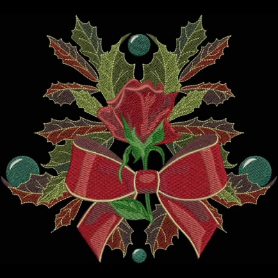 An embroidery design of a vibrant red rose surrounded by festive holly leaves and a large red bow, complemented by decorative elements.
