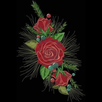 An embroidery design of vibrant red roses complemented by lush green leaves and decorative berries, arranged in an elegant composition.