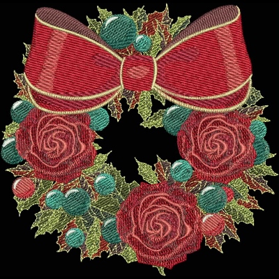 An embroidery design of a festive wreath adorned with red roses, green holly leaves, colorful ornaments, and a large red bow.