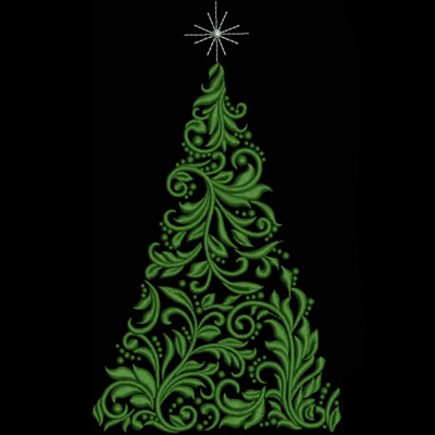 An embroidery design of a decorative Christmas tree adorned with intricate green swirls and a star at the top.