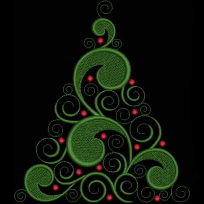 An embroidery design of a stylized Christmas tree featuring swirling green lines and small red ornaments.