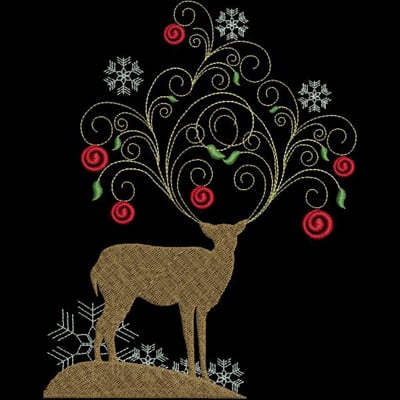 An embroidery design of a deer with ornate antlers adorned by swirling patterns of flowers, leaves, and snowflakes.