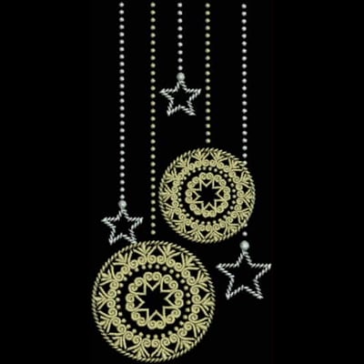 An embroidery design of two ornate circular patterns adorned with star shapes and delicate hanging beads.