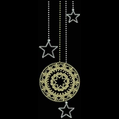 An embroidery design of a circular ornament adorned with intricate patterns and hanging stars.