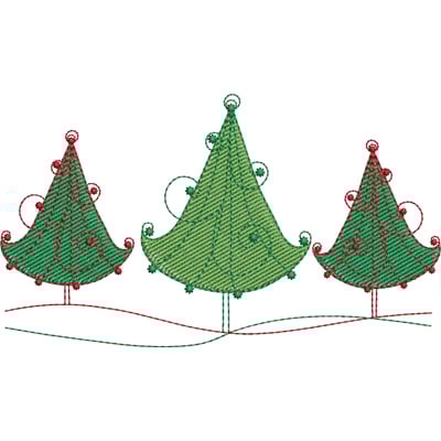 An embroidery design of three whimsical Christmas trees, adorned with decorative swirls and topped with baubles in green and red hues.