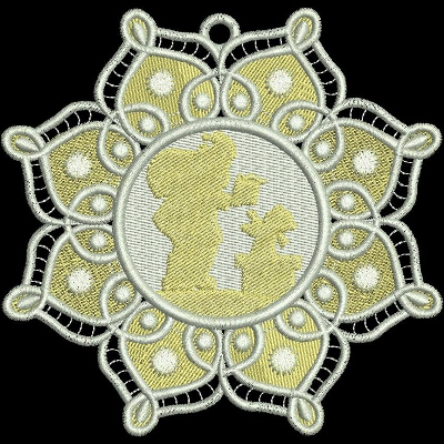 An embroidery design of a floral motif featuring a central silhouette of a figure and a child, surrounded by lace-like elements.