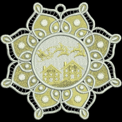 An embroidery design of a decorative snowflake with intricate loops and patterns surrounding a central scene featuring two houses and flying birds.