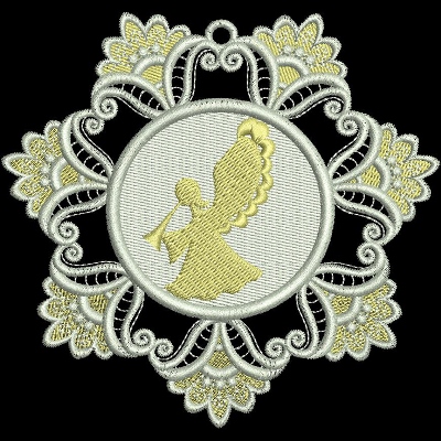 An embroidery design of an angel playing a trumpet, framed by an intricate floral lace pattern.