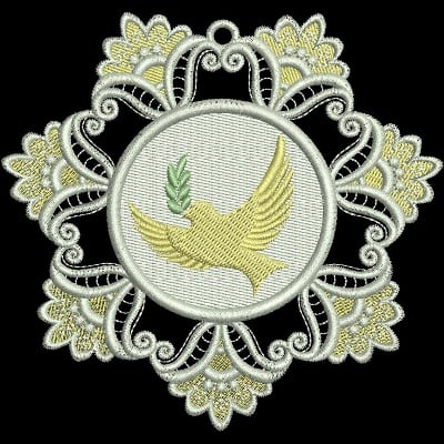 An embroidery design of a graceful dove with an olive branch, enclosed within an intricate decorative lace frame.
