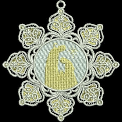 An embroidery design of a snowflake featuring a central depiction of two polar bears with a starry accent.
