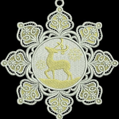 An embroidery design of a snowflake featuring a central silhouette of a deer, surrounded by intricate ornamental patterns in light colors.
