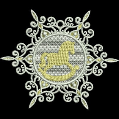 An embroidery design of a rocking horse encircled by an ornate decorative frame.