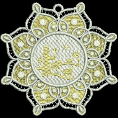 An embroidery design of a decorative floral motif featuring a central landscape scene with hills, trees, and animals, surrounded by intricate lace-like patterns.