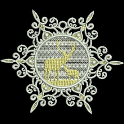 An embroidery design of a deer and fawn centrally framed by intricate floral patterns.