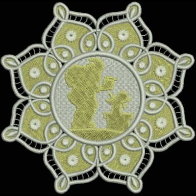 An embroidery design of a floral circular motif featuring a silhouette of a person and a child in the center.