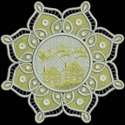 An embroidery design of a circular floral motif featuring two houses and birds within a decorative lace-like border.