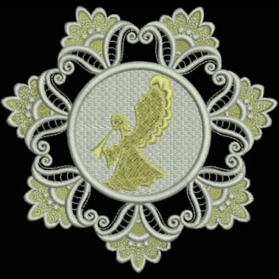 An embroidery design of an angel playing a trumpet, surrounded by intricate floral and scroll patterns.