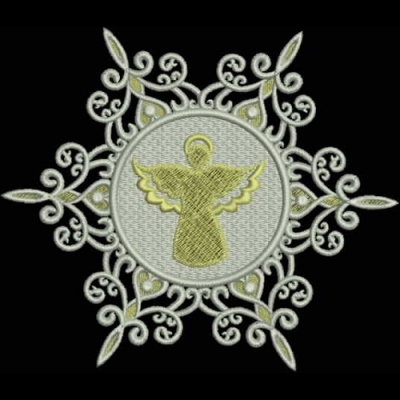 An embroidery design of a central angel figure with outstretched wings, surrounded by elegant swirls and floral motifs.