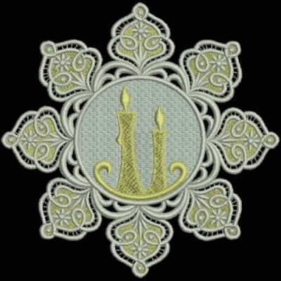 An embroidery design of a decorative floral motif featuring two yellow candles in the center.