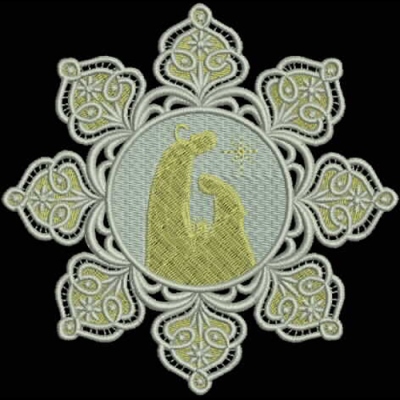 An embroidery design of a silhouette of two figures in an intimate pose, surrounded by an intricate floral pattern.
