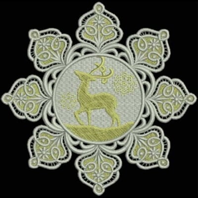An embroidery design of a stylized deer surrounded by an intricate floral and geometric pattern in soft green and white tones.