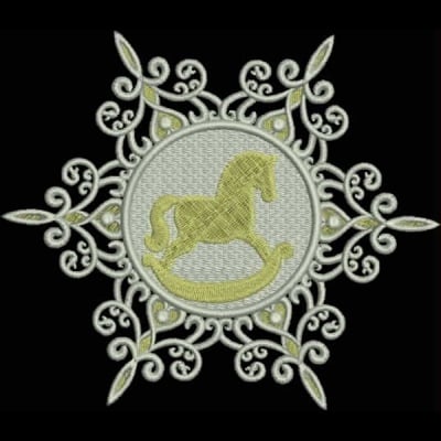 An embroidery design of a rocking horse surrounded by ornate floral elements in a circular arrangement.