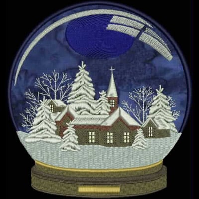 An embroidery design of a charming winter scene featuring a quaint church and snow-covered trees inside a snow globe.
