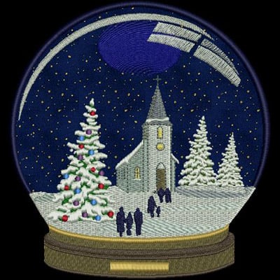 An embroidery design of a snow globe featuring a cozy church, snow-covered trees, and silhouettes of people walking in a winter landscape.