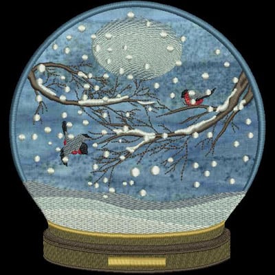An embroidery design of a snow globe featuring a snowy branch with birds perched on it, encapsulated in a circular frame.