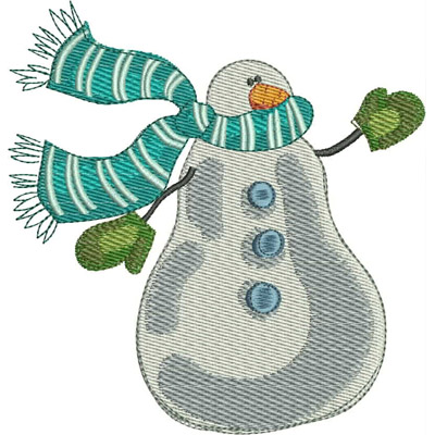 An embroidery design of a cheerful snowman wearing a teal-striped scarf and green mittens, featuring three blue buttons on its body.