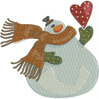 An embroidery design of a cheerful snowman wearing a brown scarf and a black top hat, holding a red heart with white polka dots.