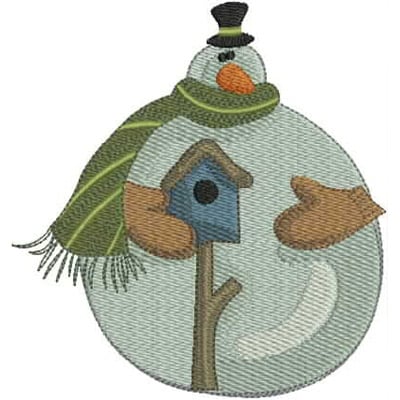 An embroidery design of a cheerful snowman wearing a black hat and green scarf, standing beside a blue birdhouse.