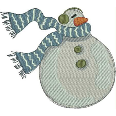 An embroidery design of a cheerful snowman wearing a patterned scarf, featuring a carrot-shaped nose and button details.