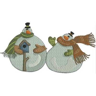An embroidery design of two cheerful snowmen, one with a birdhouse and the other with a heart, both wearing scarves and hats.