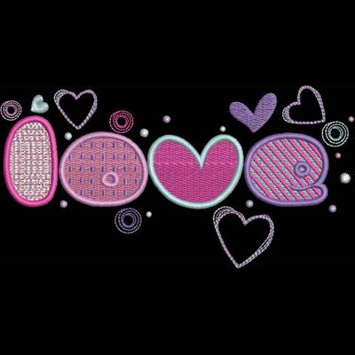 An embroidery design of the word "LOVE" featuring colorful letters in various shapes and patterns, complemented by small hearts and dots.