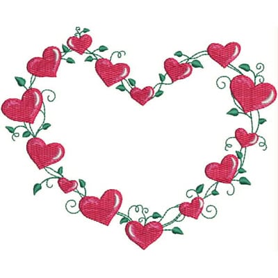 An embroidery design of a heart-shaped arrangement of pink hearts intertwined with delicate green vines.