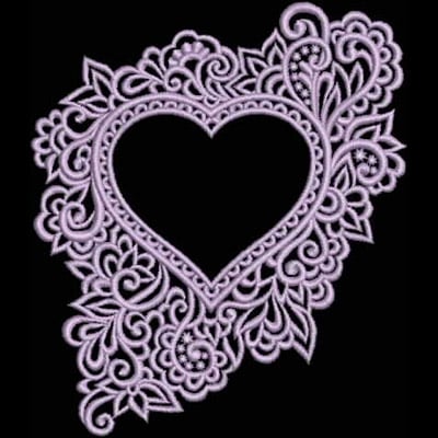 An embroidery design of an ornate heart surrounded by intricate floral patterns.