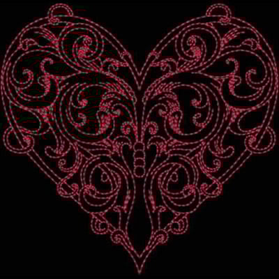 An embroidery design of an ornate heart shape featuring intricate swirls and curves in a rich red color.