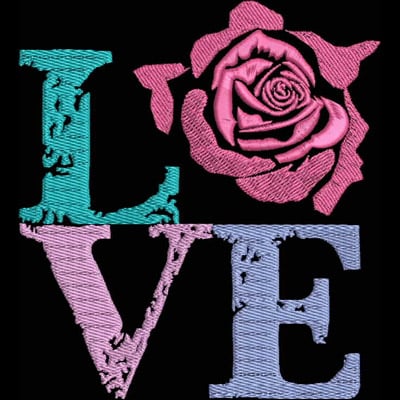 An embroidery design of the word "LOVE" in colorful letters, featuring a pink rose integrated into the letter "O".