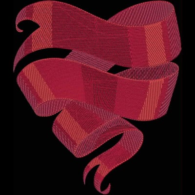 An embroidery design of a heart-shaped ribbon featuring varied shades of red and intricate shading.