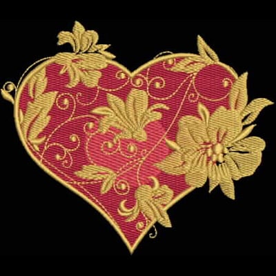 An embroidery design of a stylized heart adorned with intricate floral patterns and elegant swirls in gold and shades of pink.